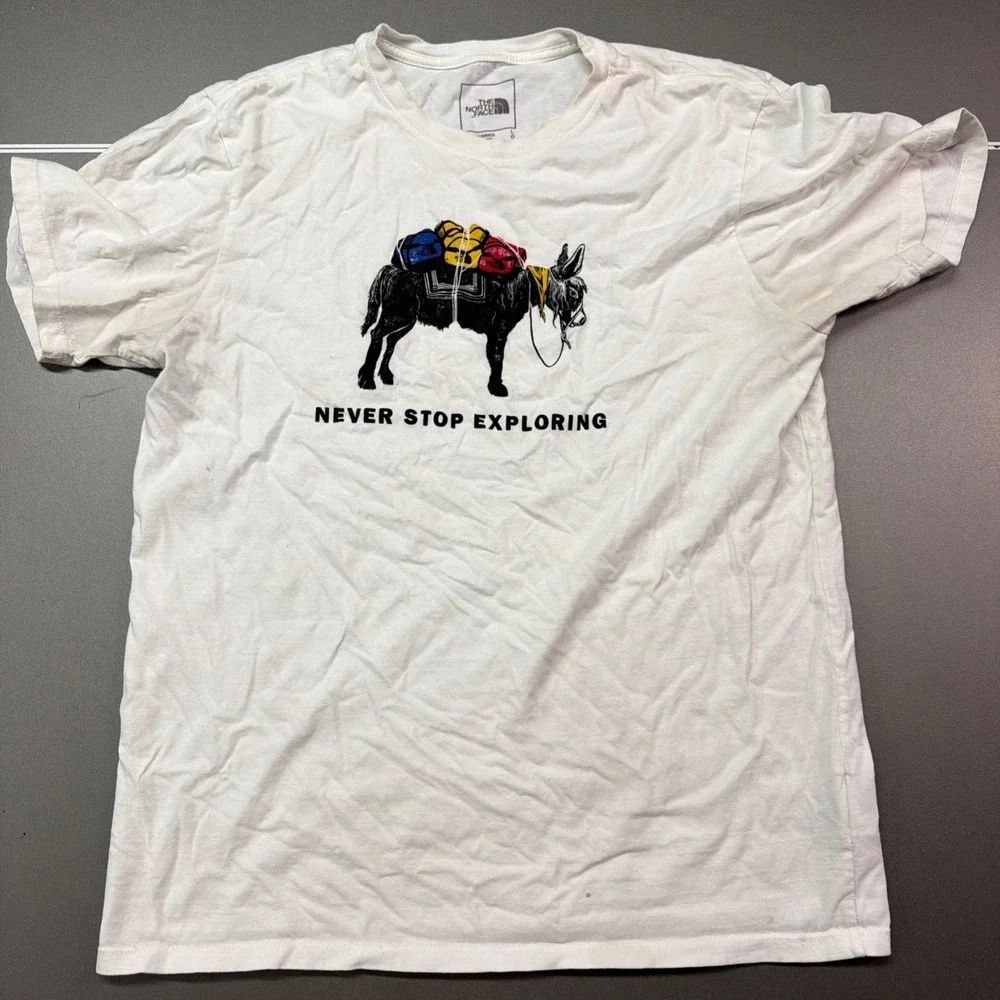 The North Face Mens L Graphic T Shirt White Donkey Explorer Print Short Sleeve